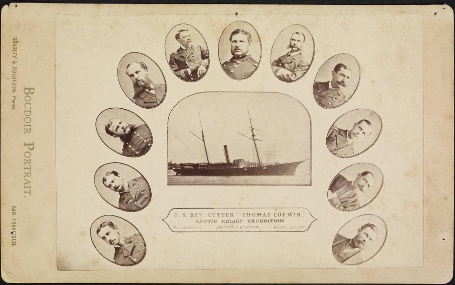 Vintage officers’ photograph from the 1880 cruise of the Corwin, including Captain Calvin Hooper (top) and executive officer, Lt. Michael Healy (top left). (Digital Collections of the Huntington Library)