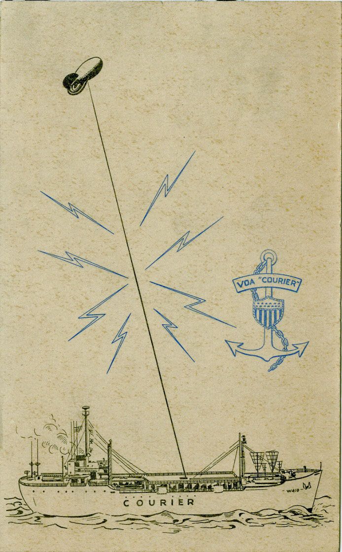 Coast Guard Cutter Courier artwork showing the tethered barrage balloon used to elevate the ship’s antenna. (The crew of the Coast Guard Cutter Courier, as collected by the Coast Guard Cutter Courier/VOA Association)
