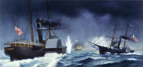 A painting by Howard Koslow showing Revenue Cutter Harriet Lane firing first naval shot of the Civil War during the attempt by federal vessels to relieve Fort Sumter in Charleston. (Coast Guard Collection)