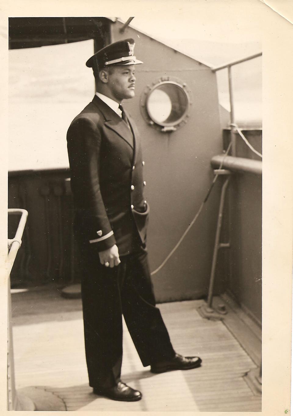 4.	Harvey Russell was the second African American to complete the Coast Guard Academy’s Reserve Officer Training Course. He joined his predecessor, Joseph Jenkins, as a junior officer aboard the Coast Guard-manned USS Sea Cloud, the nation’s first desegregated ship. (Image provided by the Russell Family)