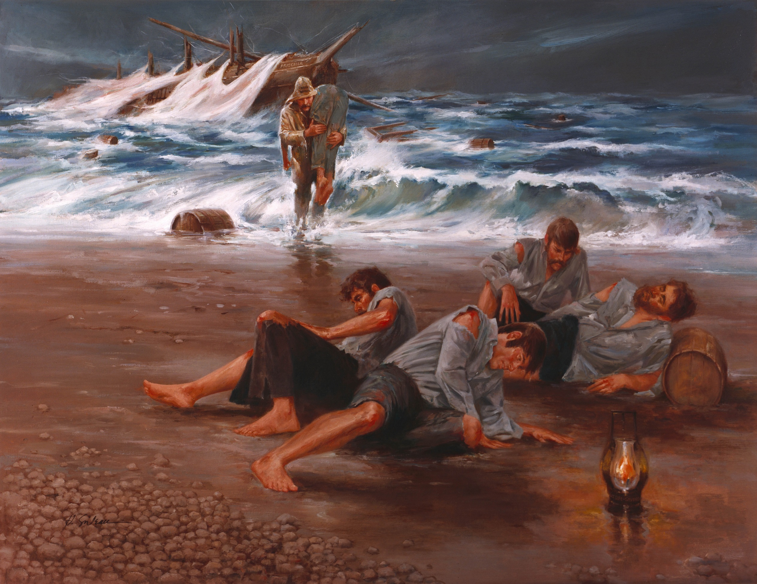 Painting of Surfman Rasmus Midgett’s single-handed rescue of the crew of the barkentine Priscilla by Hodges Soileau. (Coast Guard Collection)