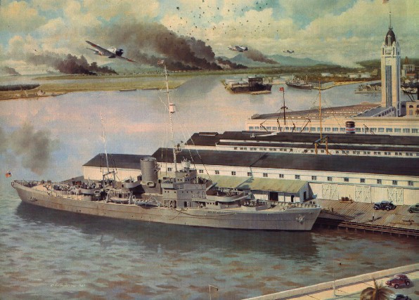 Painting of high-endurance Cutter Taney firing at Japanese aircraft from its dock in Honolulu. (Coast Guard Collection)