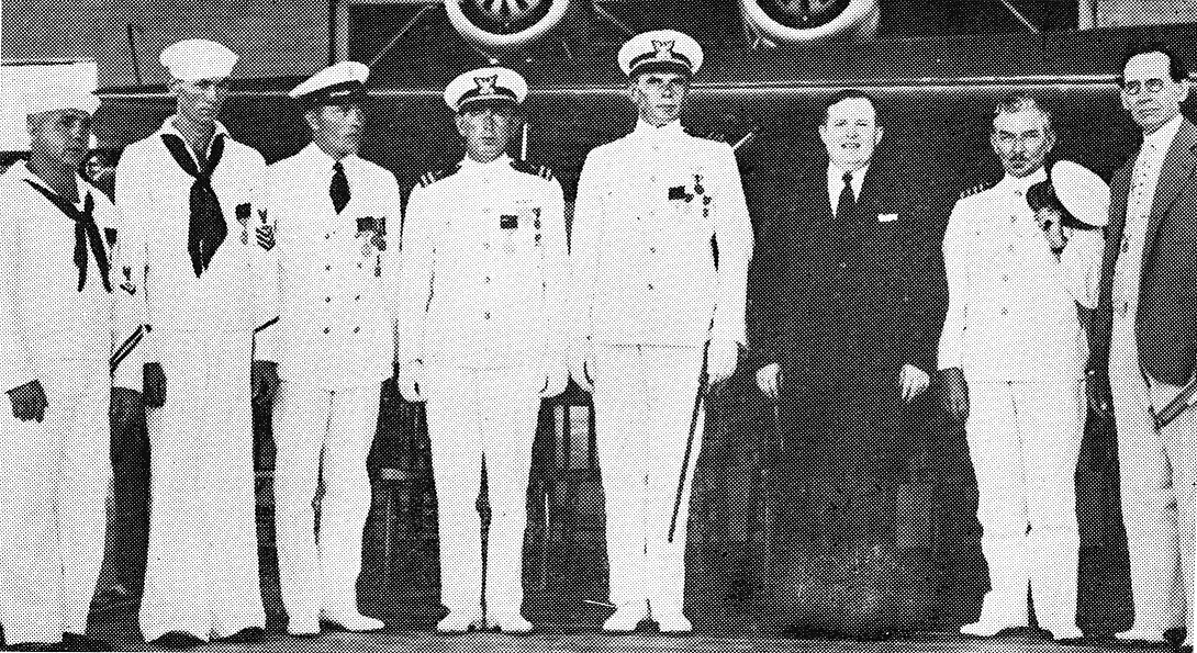 4.	Lt. Cmdr. Carl Chrisitan. von Paulsen and crew receiving the Gold Life-Saving Medal. Civilians in attendance include the mayor of Miami and the governor of Florida. (U.S. Coast Guard)