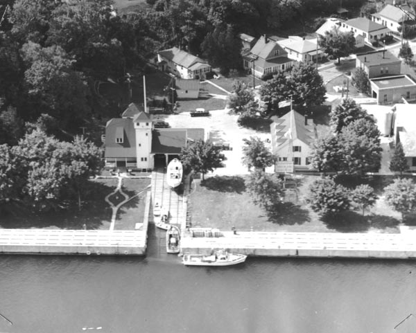 Aerial view of Station Charlevoix from the late 20th century showing the boathouse and observation tower. (U.S. Coast Guard)