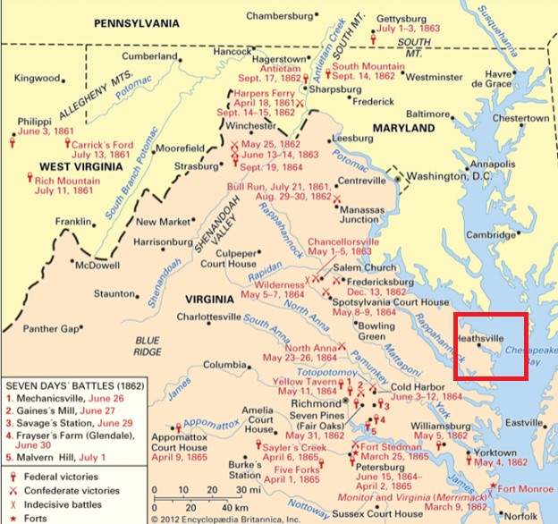 5.	A map of Virginia’s Civil War engagements bordering the Chesapeake Bay with the red square indicating the Wicomico River area. (www.britannica.com/event/American-Civil-War)