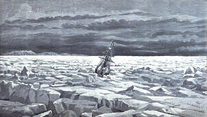 Engraving of Revenue Cutter Corwin trapped in ice floes in June 1880 off Cape Romanzof in the Bering Sea. [Report of the Cruise of the U.S. Revenue-Steamer Corwin in the Arctic Ocean (Washington, DC: GPO, 1880)
