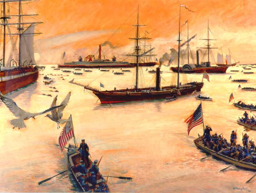 5.	Painting of Revenue Cutter Miami covering troop landings at Ocean View Beach near Norfolk, Virginia, by Charles Mazoujian. (Coast Guard Collection)