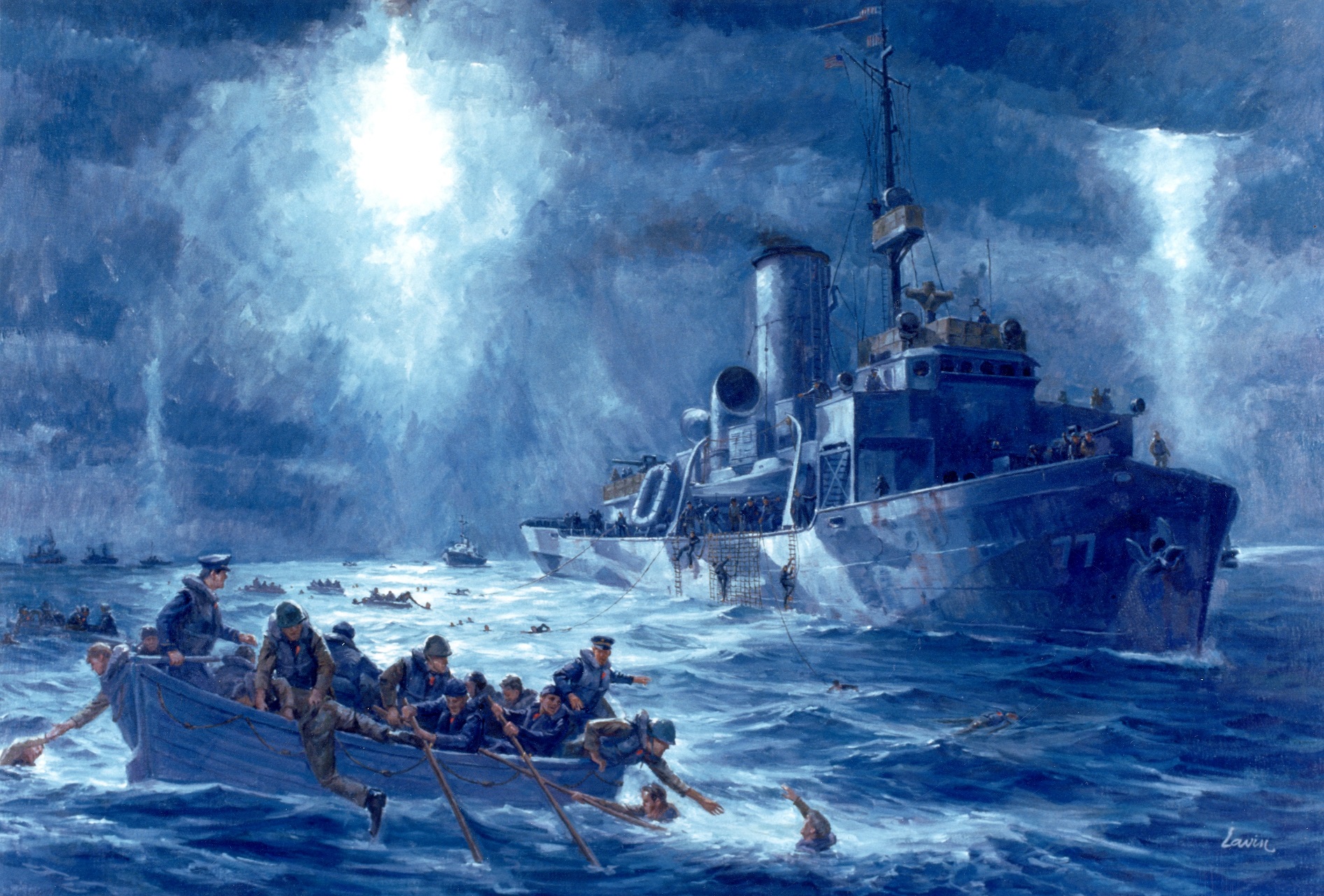Painting of Escanaba’s rescue operations by an unknown artist. (Courtesy of U.S. Coast Guard)
