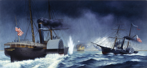 Painting of Revenue cutter Harriet Lane firing the first naval shot of the Civil War near Fort Sumter. (Coast Guard Collection)
