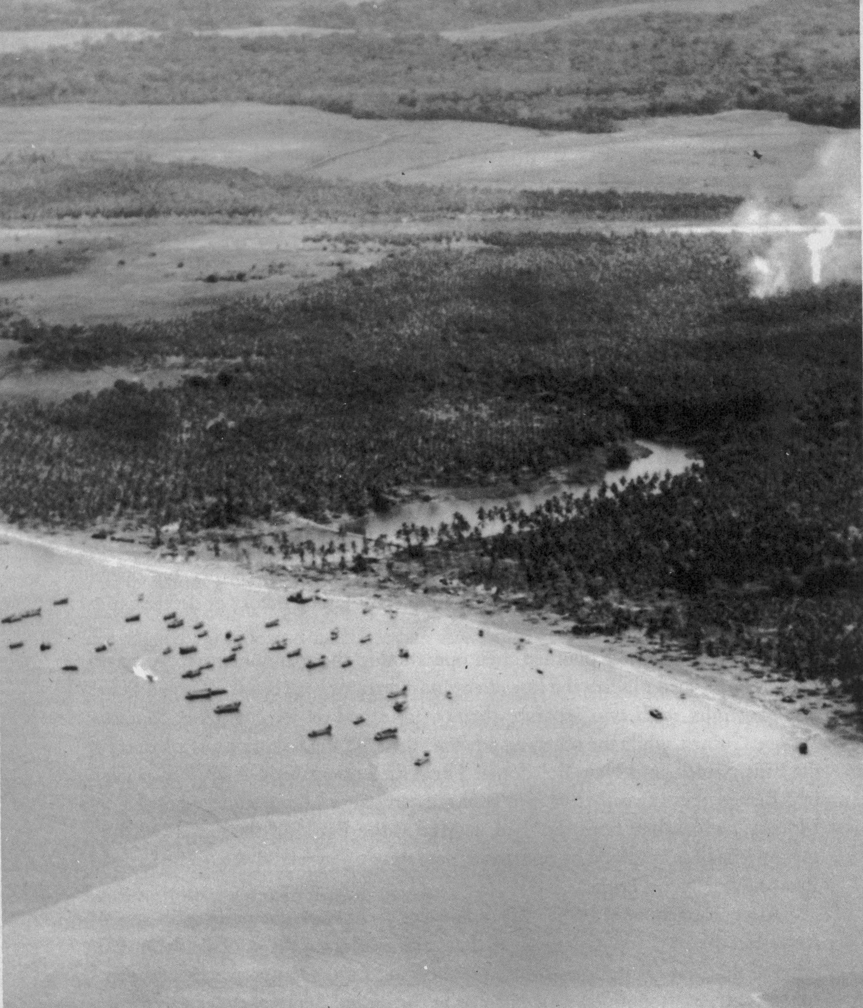 A rare aerial photograph of the Coast Guard’s small craft base at Lunga Point, Guadalcanal, where Joseph R. Toahty served.  (U.S. Navy)
