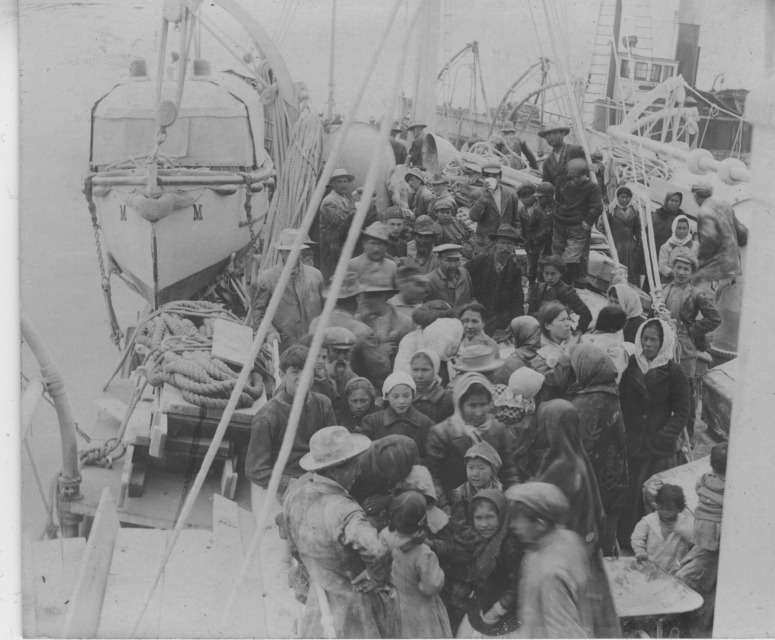 5.	Survivors of the eruption, many Native Alaskans, ride out the ash fall aboard the Manning, early June 1912. (Native Voices Public Broadcasting)