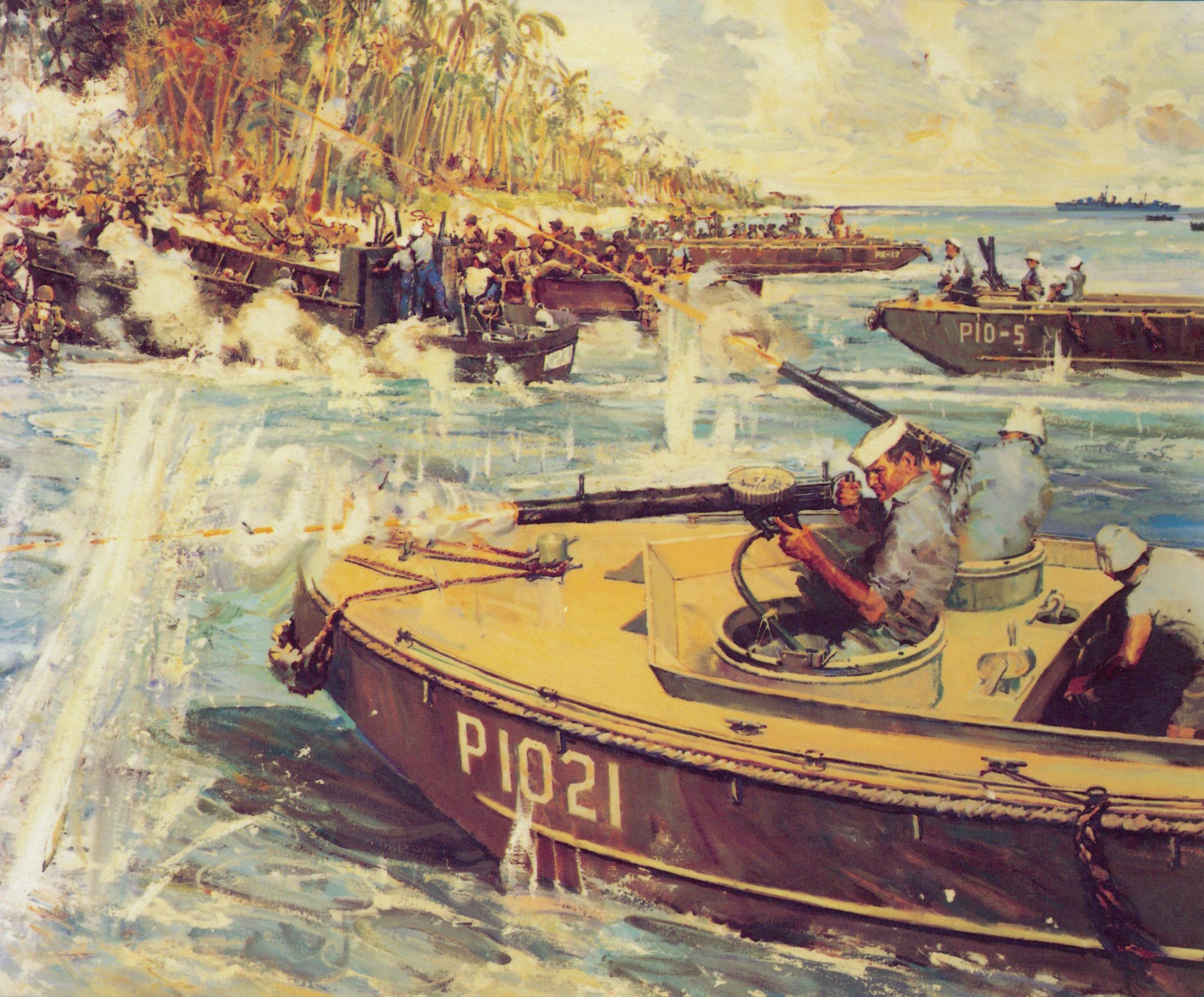 An artist’s depiction of the N.O.B. Cactus mission to evacuate Chesty Puller’s ambushed Marine battalion at Point Cruz, Guadalcanal. Official recognition for this Coast Guard operation included a Munro’s Medal of Honor, three Navy Crosses, Navy Commendation Medal and a number of Purple Hearts. Franklin D. Roosevelt later recognized all members of Dexter’s Coast Guard unit with the Presidential Unit Citation as part of the First Marine Division. (Courtesy of the Coast Guard)