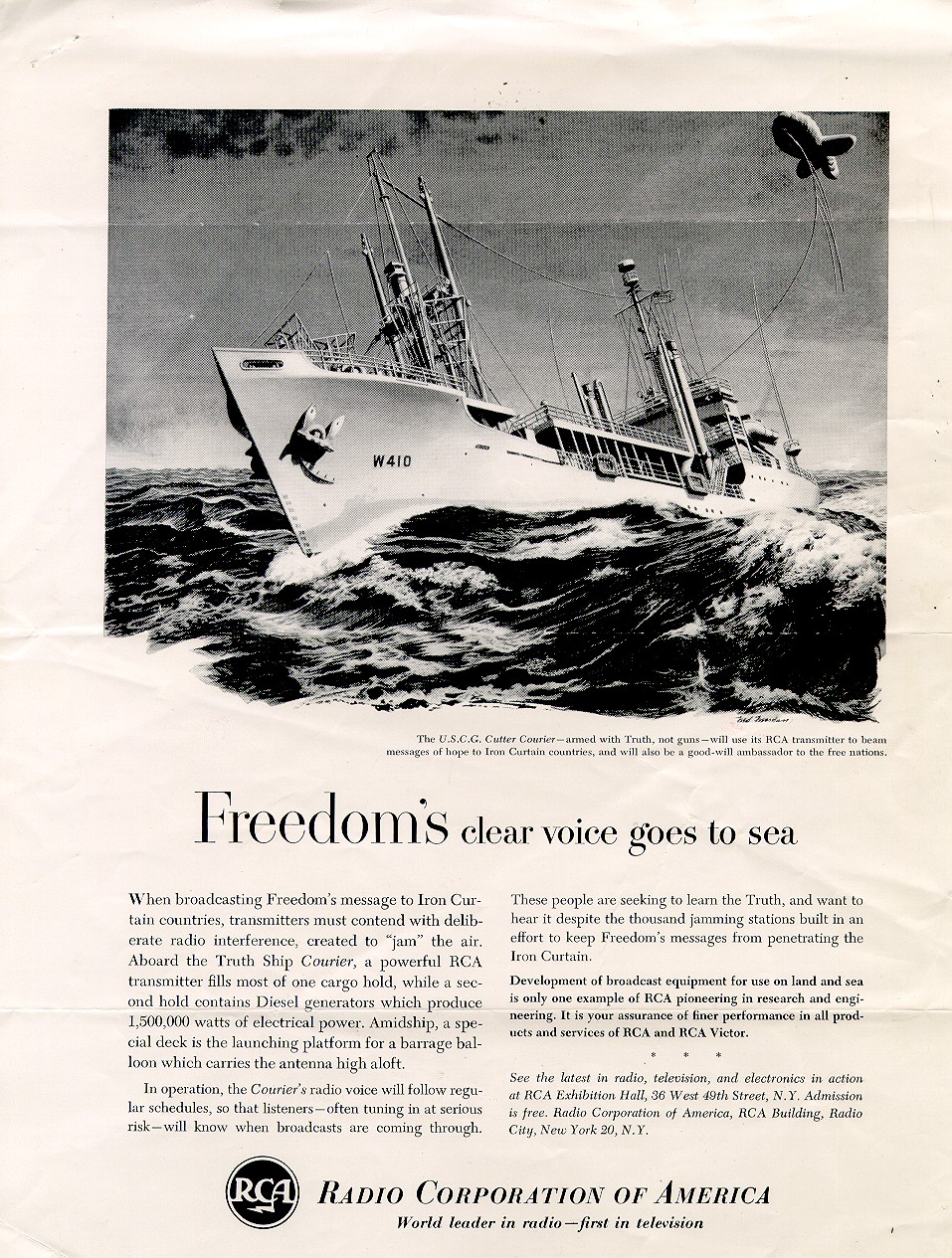 A Radio Corporation of American (RCA) advertisement featuring an artist’s rendering of Courier. Typically, Courier rode at anchor in calm waters! (The crew of the Coast Guard Cutter Courier, as collected by the Coast Guard Cutter Courier/VOA Association)