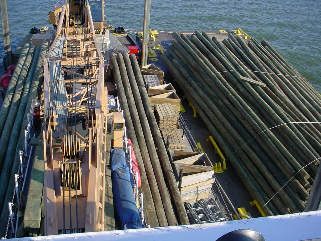 Overhead view of plentiful construction materials prior to Coast Guard Cutter Pamlico’s deployment to restore the shipping channel. (U.S. Coast Guard)