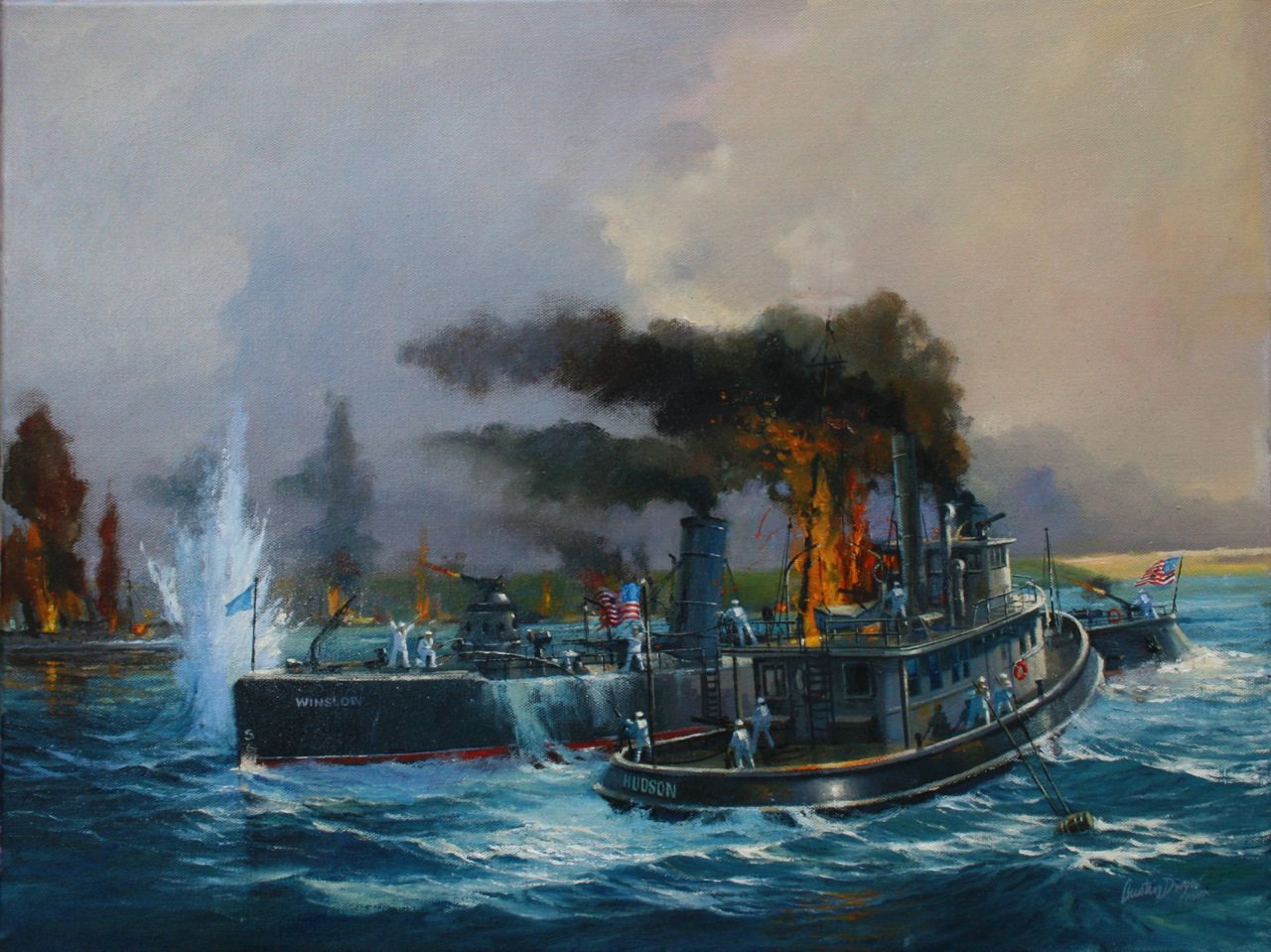 Marine artist Austin Dwyer painted this picture of the Battle of Cardenas Bay showing Cutter Hudson coming alongside to tow the Navy torpedo boat out of the range of Spanish guns. (Courtesy of Austin Dwyer)