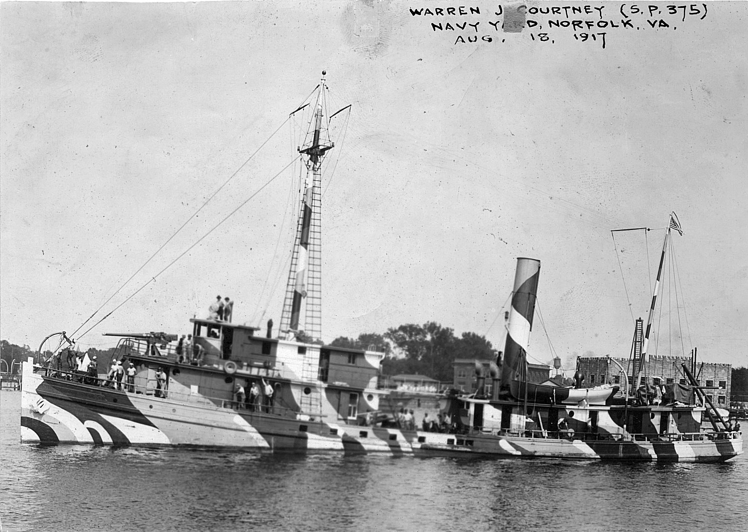 A 1917 photograph of the USS Courtney on the Elizabeth River at Norfolk, Virginia, sporting a new “Dazzle” paint scheme for wartime service. Like other converted fishing vessels, Courtney had poor sea-keeping qualities. (Courtesy of Navsource.org)