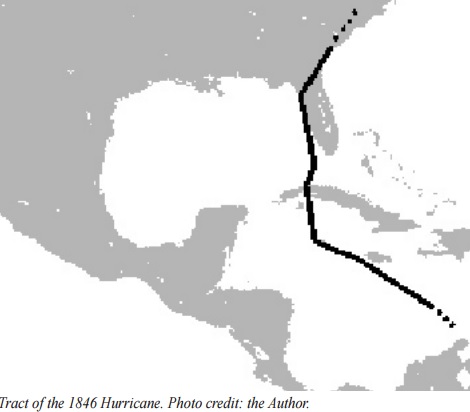 5.	Based on historical data, this University of Georgia map shows the storm track of Key West Hurricane of 1846 through Cuba and Florida Keys. (University of Georgia Extension)