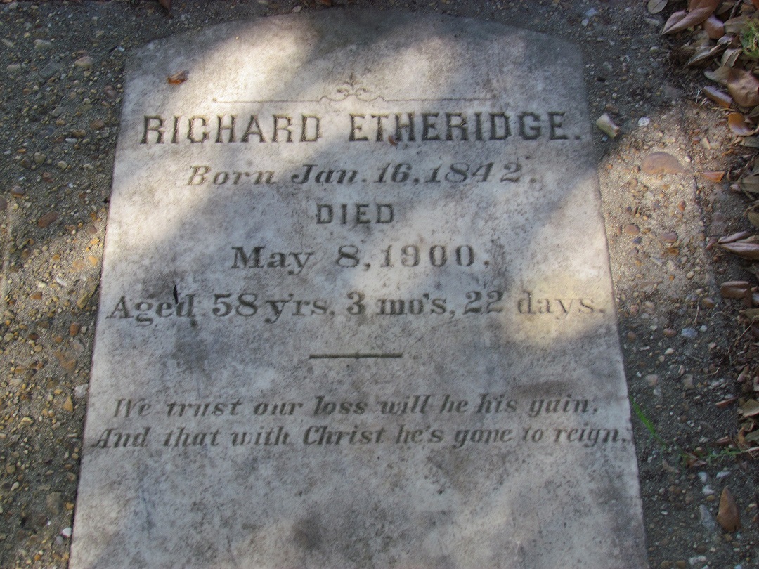 Headstone of Richard Etheridge located at the North Carolina Aquarium on Roanoke Island. (Courtesy of Bill Thiesen)