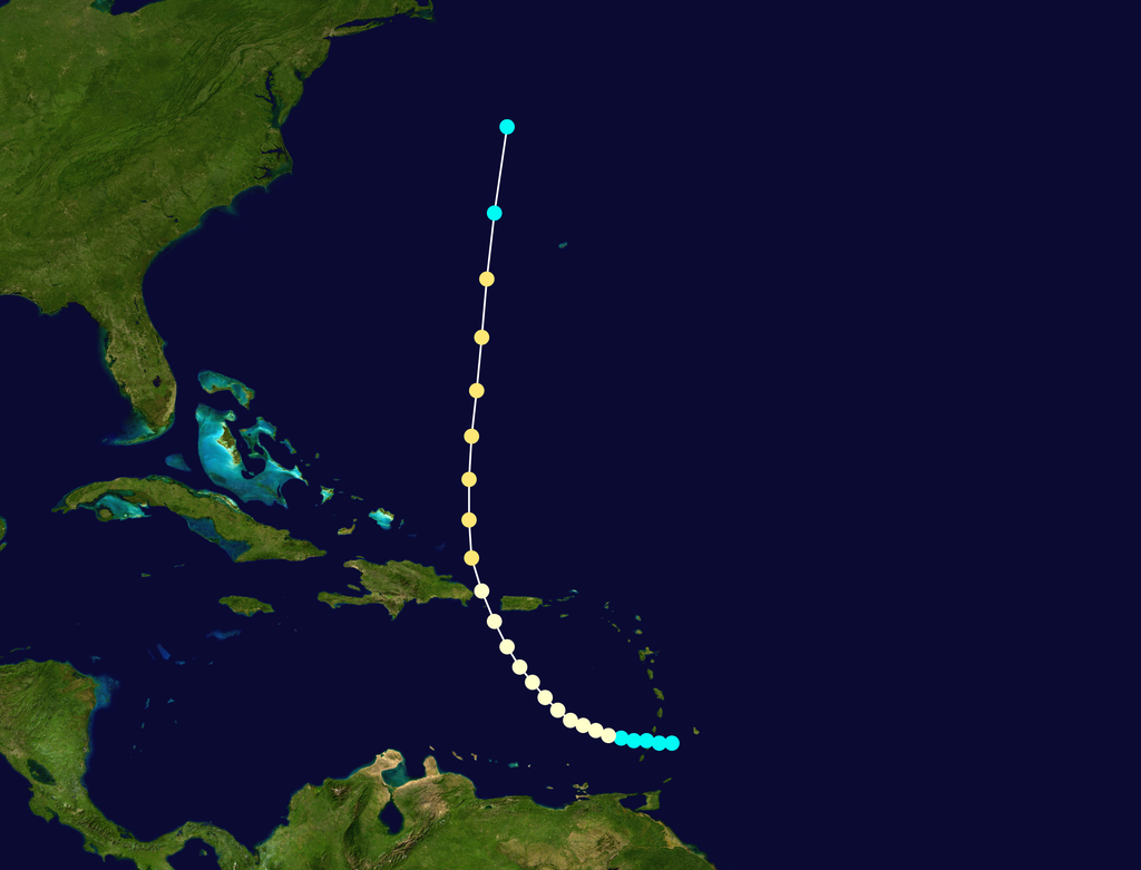 A NOAA satellite image showing the track through the Windward Passage taken by Hurricane San Calixto in 1943. (NOAA)