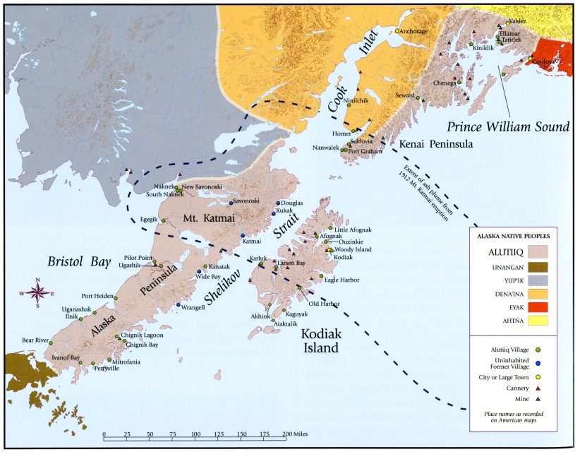 Chart of lower Alaska showing the drift pattern of Katmai’s volcanic plume and Native Alaskan settlement. (U.S. National Library of Medicine)