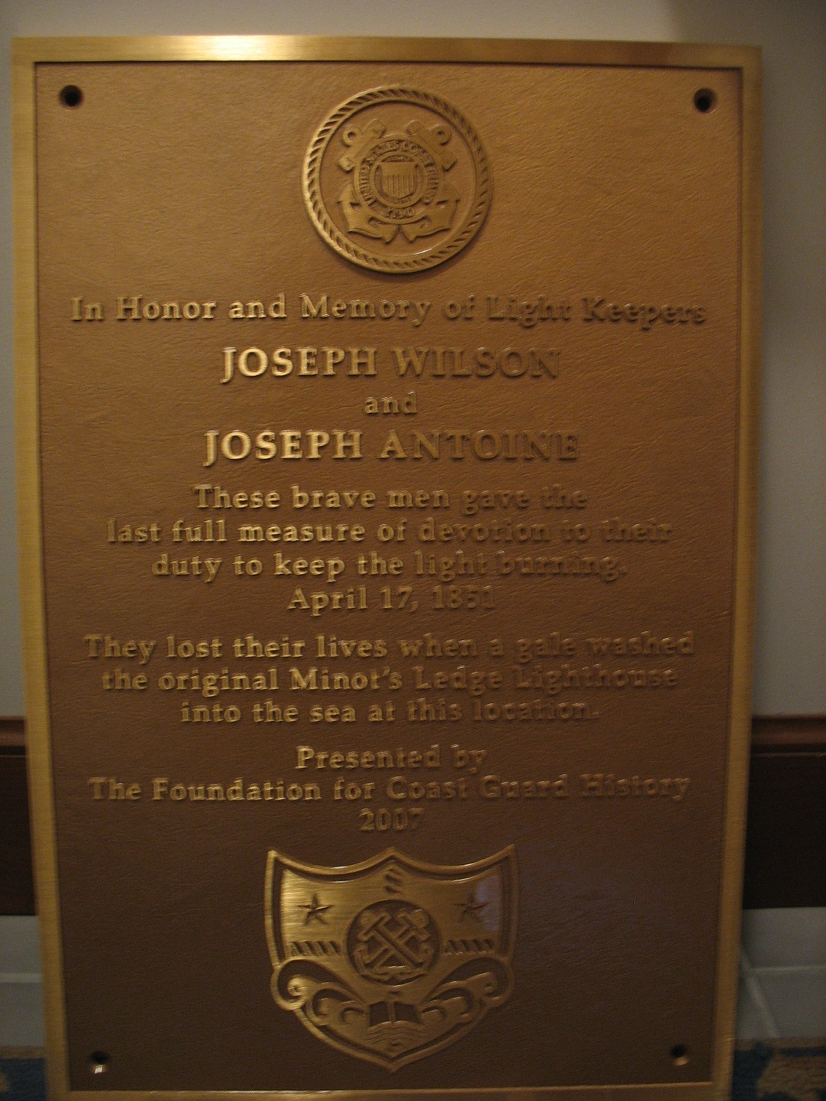 Memorial plaque provided by the Foundation for Coast Guard History honoring the lighthouse keepers who died in the collapse of the first lighthouse in 1851. (Foundation for Coast Guard History)