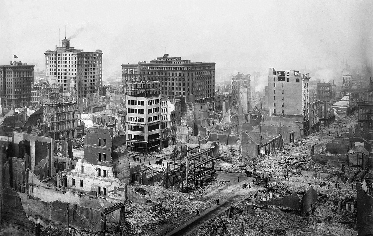 Photograph of burned out and destroyed buildings in downtown San Francisco near the corner of Post Street and Grant Avenue. (National Archives)