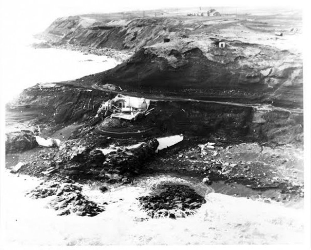 Aerial photo of the remains of Scotch Cap Lighthouse taken after the 1946 tsunami. (U.S. Coast Guard)