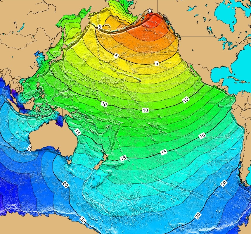 6.	A chart of the Pacific Basin showing the source of the earthquake’s tsunami and the travel times to parts of the Pacific Ocean.(Wikipedia)