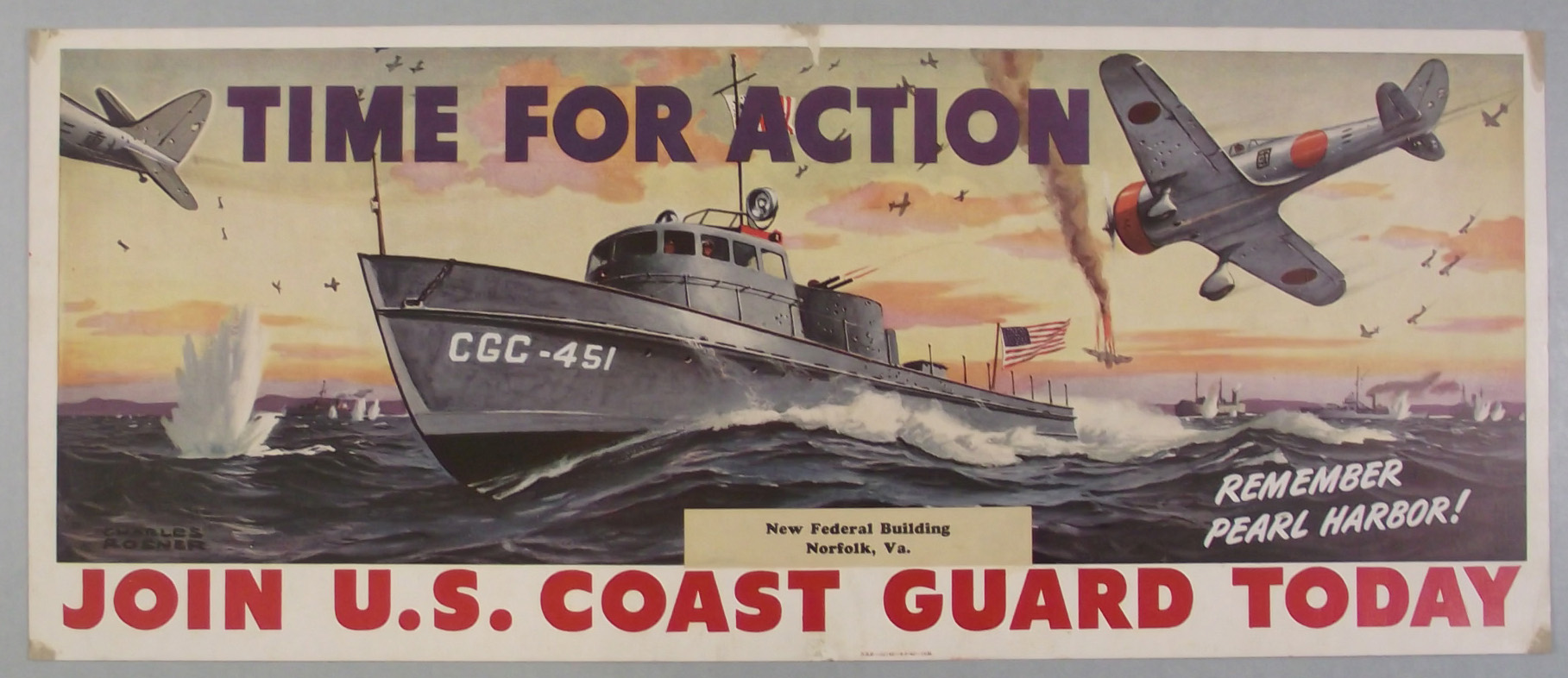 Early Coast Guard recruiting poster shows a Coast Guard patrol boat battling attacking Japanese aircraft. (Courtesy of the Mariners’ Museum)