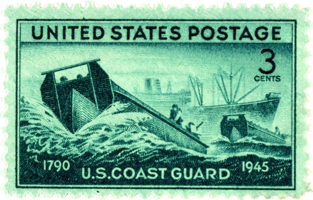 6.	In November 1945, the U.S. Postal Service issued the Coast Guard stamp showing landing craft and transports to commemorate the service’s role in World War II amphibious combat operations. (U.S. Postal Service)