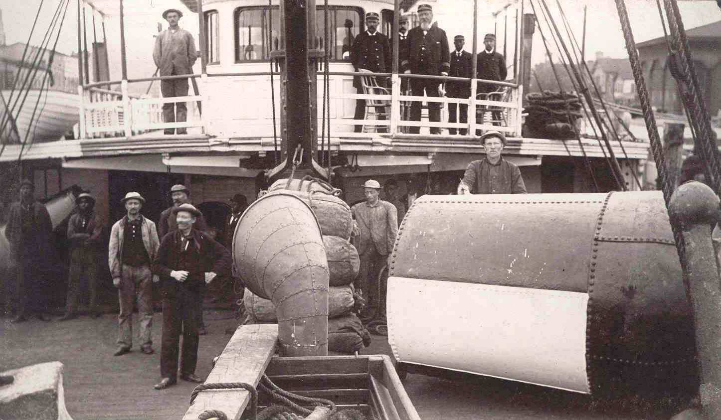 An 1896 photograph of Lighthouse Tender Wisteria’s crew at the old Lighthouse Service’s Charleston buoy yard now Sector Charleston. (Eastern Shipbuilding Group)