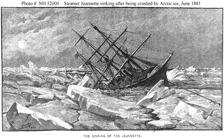 Engraving showing the privately-funded Arctic expedition vessel Jeanette being crushed by ice floes before sinking in mid-June 1881. (Naval History and Heritage Command)