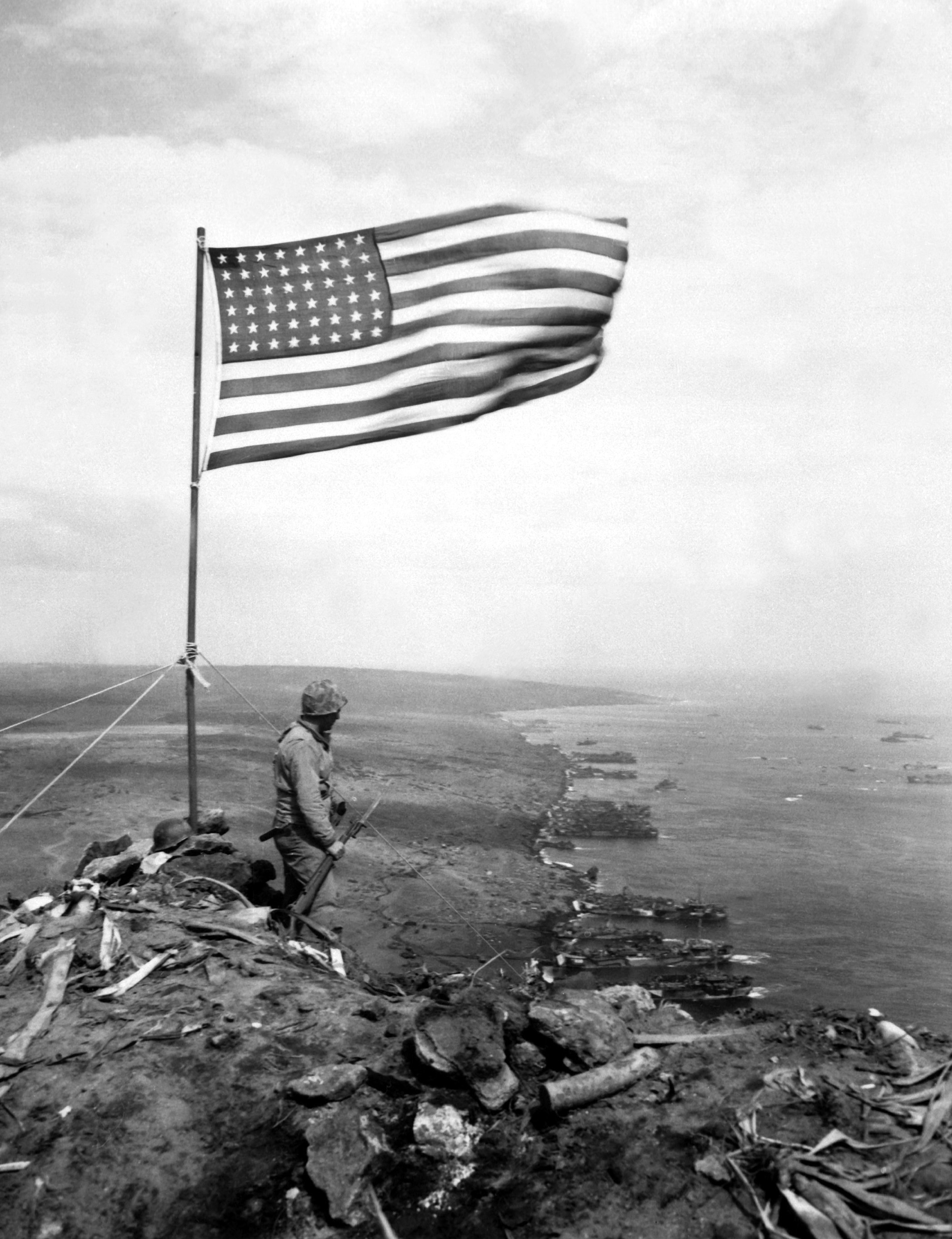 Famed flag planted at the top of Mt. Suribachi by the U.S. Marines. (U.S. Coast Guard)
