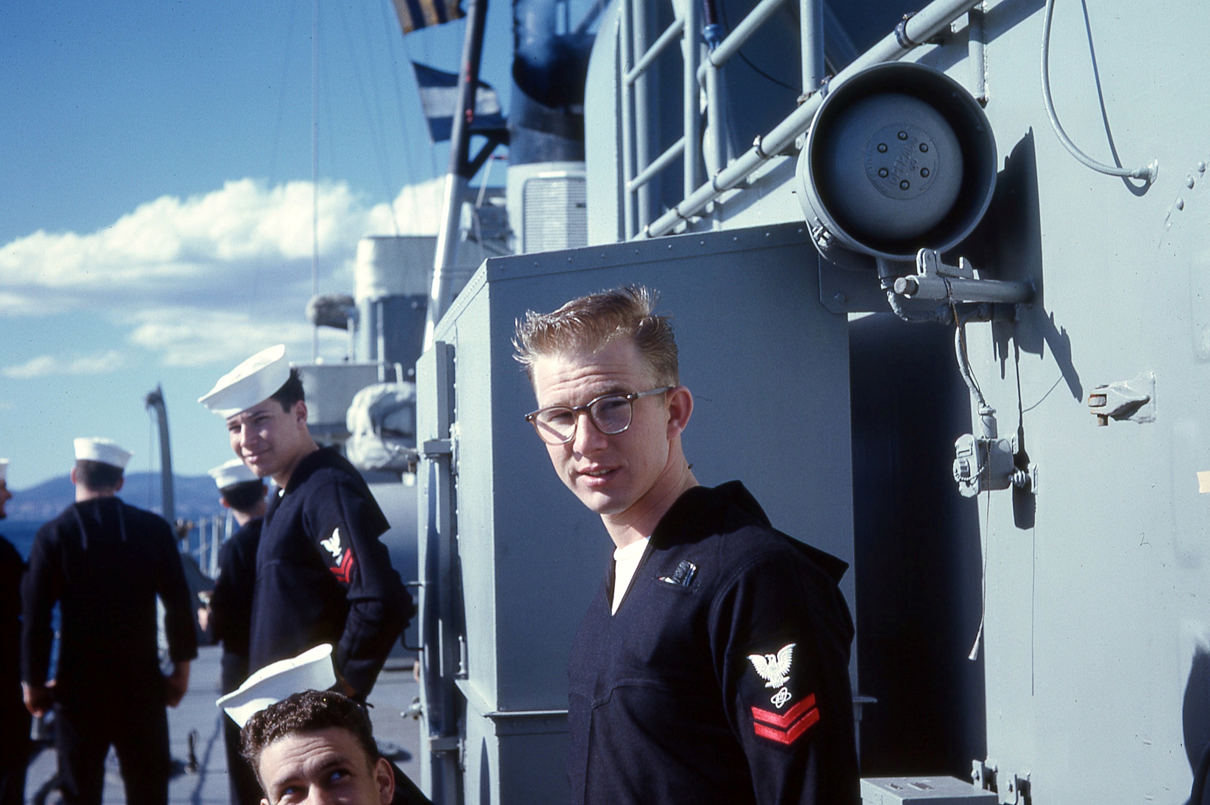 7.	Photograph of co-author and former Durant electronics technician David May in uniform on board the Navy’s Cold War destroyer escort. (Courtesy of David May)