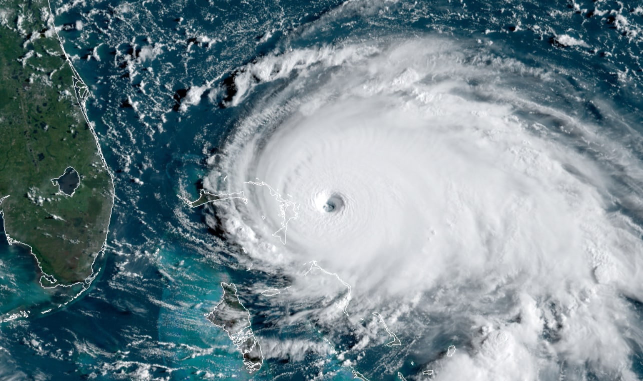 7.	Satellite image of 2019 super-storm Hurricane Dorian which flooded and destroyed parts of The Bahamas. (NOAA)