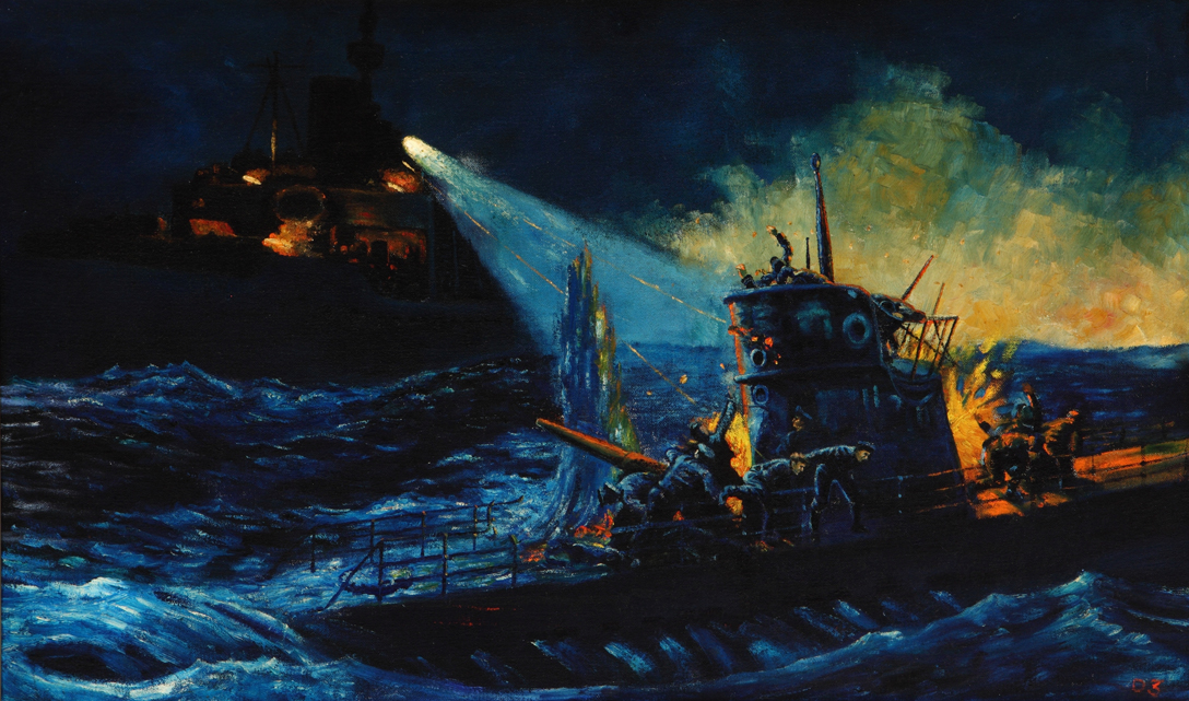 Painting by eyewitness and noted combat artist Anton Otto Fisher showing hits scored on U-606 by Etheridge’s 3-inch gun during night action in the morning of Monday, February 22, 1943. (U.S. Coast Guard)