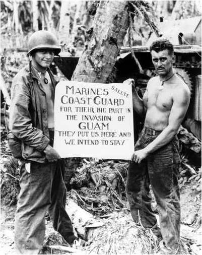 7.	This iconic image from the Battle of Guam testifies to the strong bonds forged between the Marine Corps and the Coast Guard over the course of the Pacific War. (Courtesy of the Coast Guard)