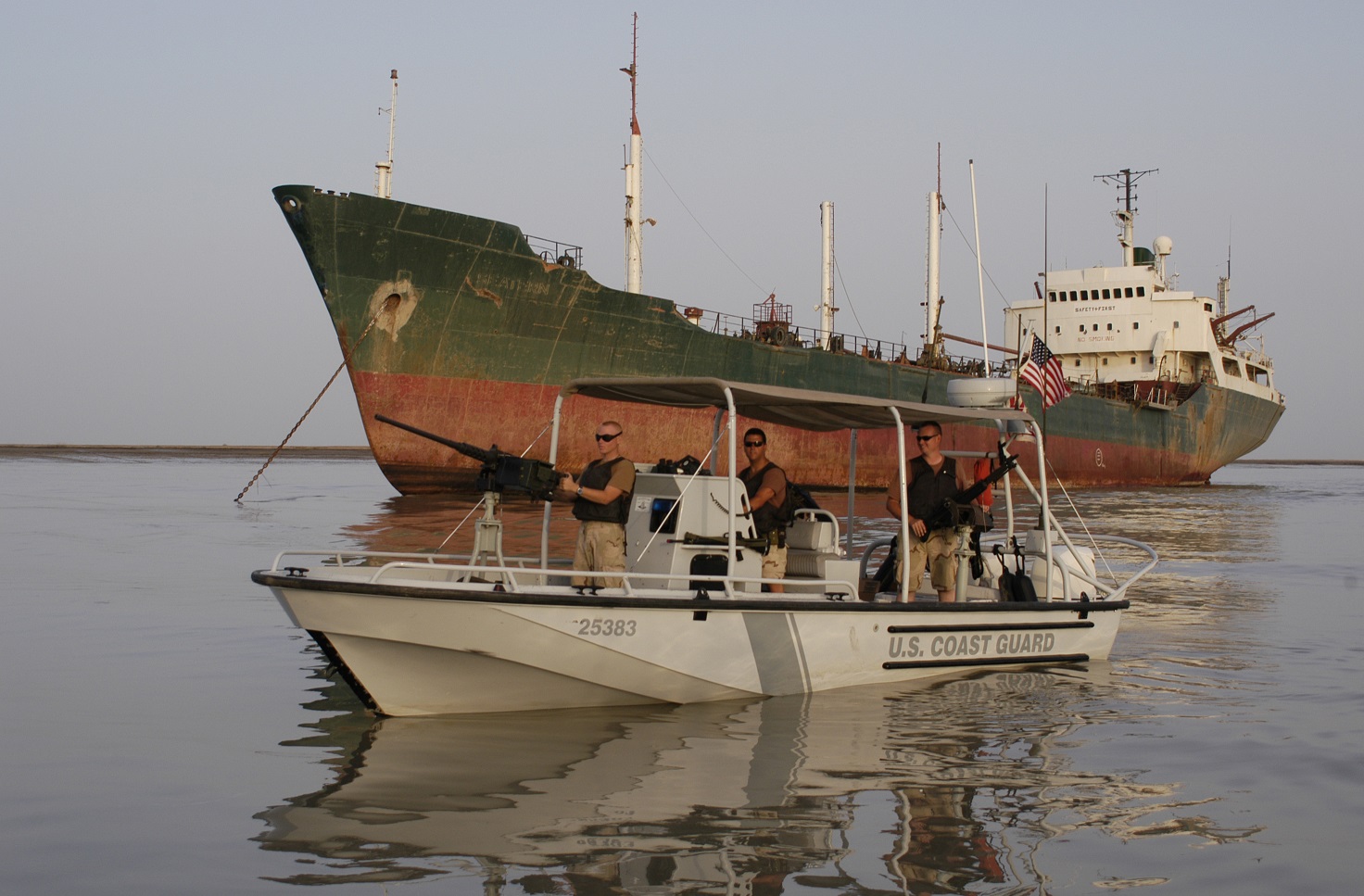 A security boat from Port Security Unit 311 out of San Pedro, California, on the Khor Abd Allah Waterway near Umm Qasr. (U.S. Coast Guard)