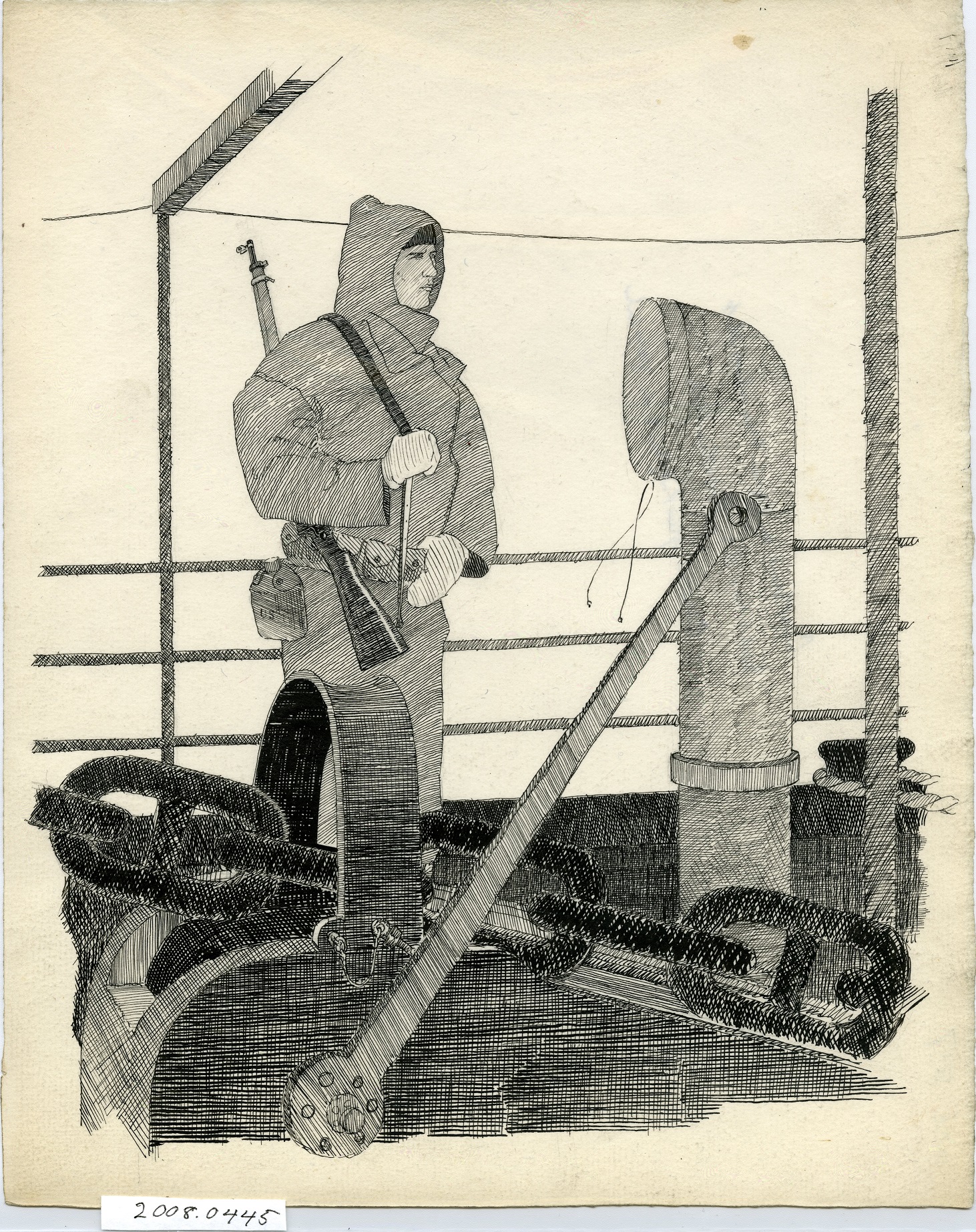 Sketch of a Coast Guard sentry overseeing munitions loading operation on a ship in New York Harbor. (Coast Guard Collection)