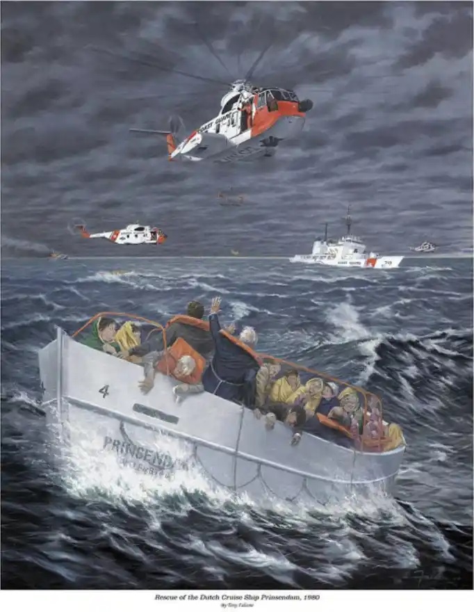 The colorful Tony Falcone painting “Rescue of the Dutch Cruise Ship Prinsendam, 1980,” showing the burning ship in the distance with Coast Guard assets recovering survivors. (Coast Guard Academy Alumni Association)