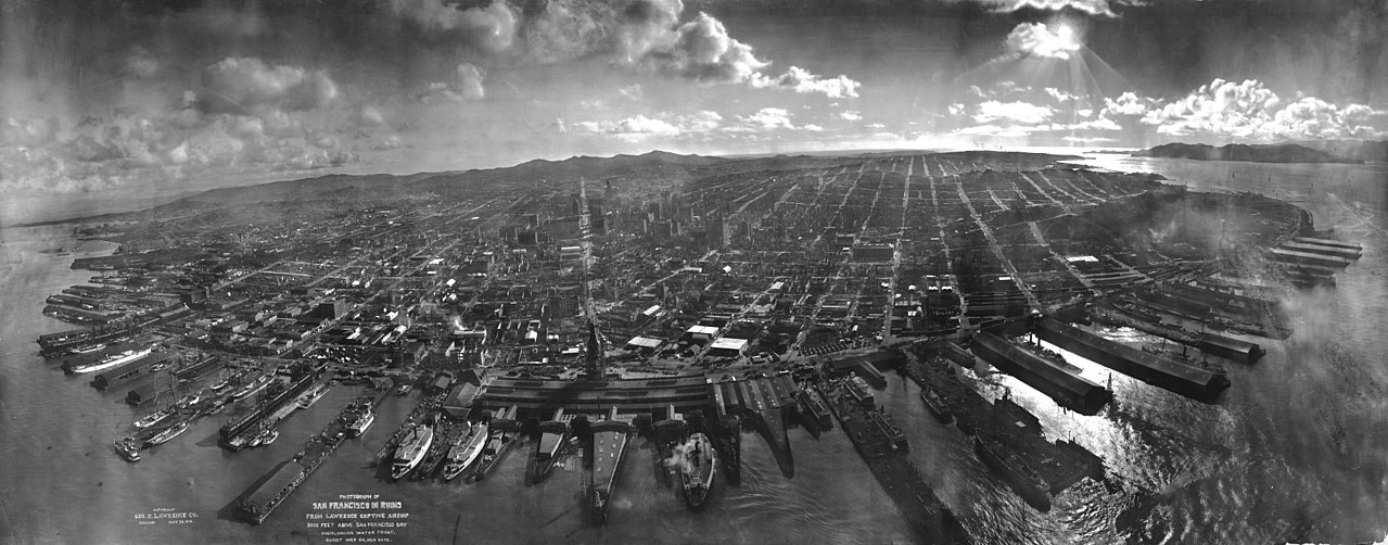 Photograph shot from a camera attached to a kite taken six weeks after the earthquake showing some of the devastation to downtown San Francisco and the waterfront. (Library of Congress)
