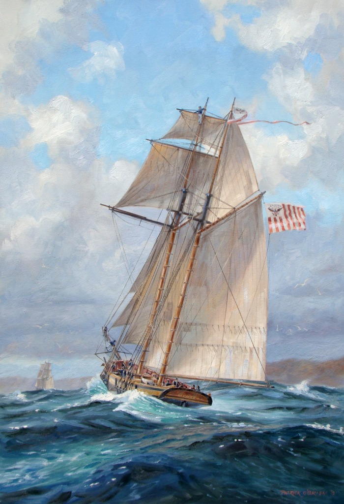 Oil painting by acclaimed marine artist Patrick O’Brien depicting a revenue cutter similar to Alabama chasing another vessel. (U.S. Coast Guard)