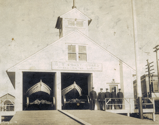 A 1918 photograph of the rebuilt station, with Keeper Ross at far left, and No. 1 surfman Harald Nielsen to Ross’s left. Also shown in this image are surfmen Martin Andersen (who succumbed to the Spanish Flu in November), John Lidman, and Hawaiian native James Kimokeo. (Francis Ross Collection, Dartmouth University Library)