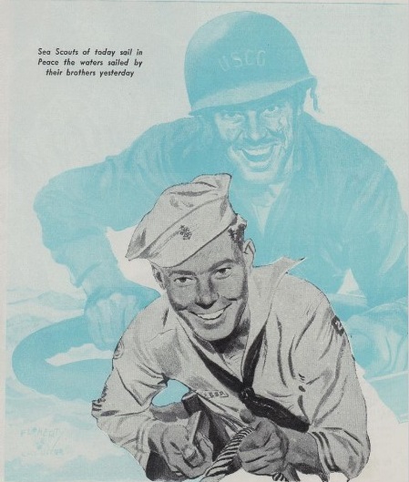 . “Boy’s Life” magazine illustration of Oxley pulling a line in dress whites superimposed over sketch of him in combat gear, (Boy’s Life magazine)