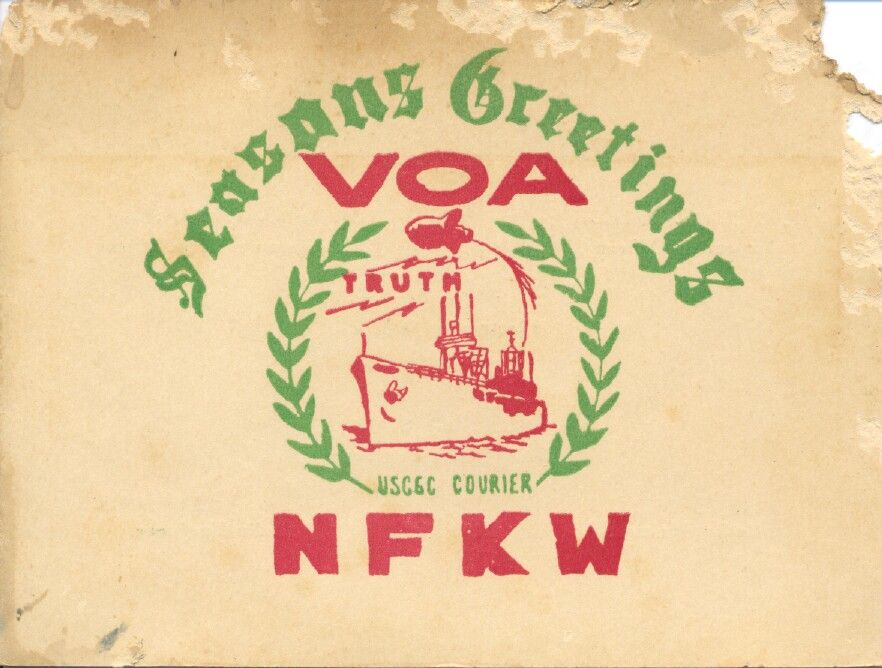 A rare Coast Guard Courier Christmas card showing the VOA call letters. (The crew of the US Coast Guard Cutter Courier, as collected by the US Coast Guard Cutter Courier/VOA Association)