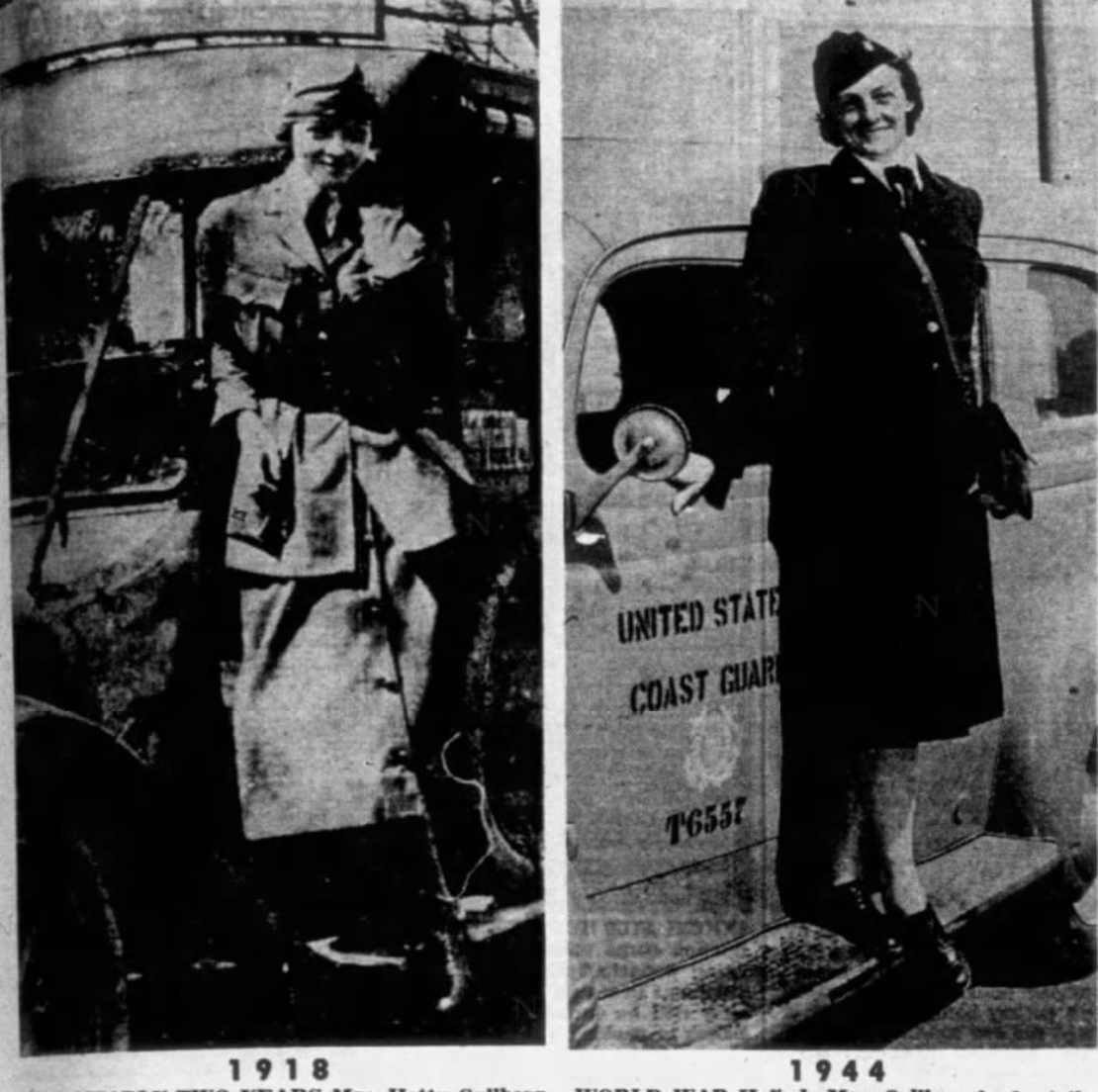 . Side-by-side photographs showing Hetty Gyllberg during her service in World War I and, as a temporary reservist in World War II. (Long Beach Independent, October 30, 1944)