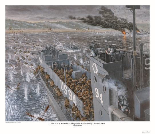 “D-Day Landings” by artist Tony Falcone (2009). This painting was commissioned as part of the Coast Guard Academy Class of 1962 Historical Murals Project, which document U.S. Coast Guard history covering the period from the 1940s to the present. This mural was dedicated in 2009 and currently hangs in the Academy’s Leamy Hall.