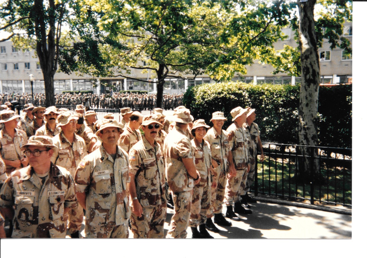 Lt. Cmdr. Carol Rivers with Coast Guard personnel preparing to march in the June 1991 National Victory Celebration parade in in Washington, D.C. (Courtesy of the author)