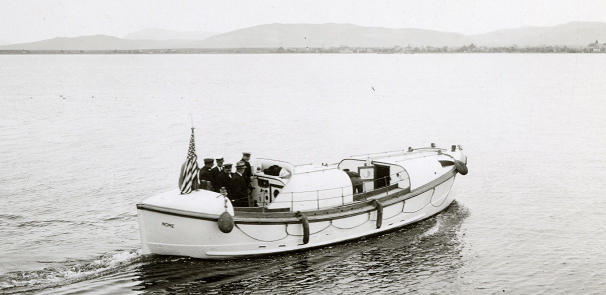 Early 1930’s photograph of Station Nome’s 36-foot motor lifeboat. Keeper Ross is standing second from the left, while the coxswain may be BM1 Earl Cooley or MoMM1 Kurt Sprenger. (Francis Ross Collection, Dartmouth University Library)
