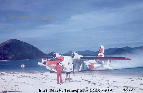 Aerial photo shot from a Coast Guard Albatross showing the white sandy beaches at LORSTA Talampulan. (loran-history.info)